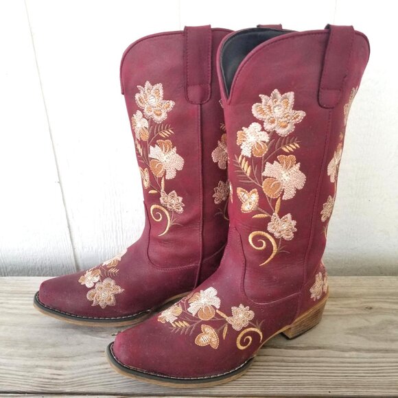 Roper Shoes - Roper Flower Embroidery Womens Wine Cowboy Western Boots 9 M